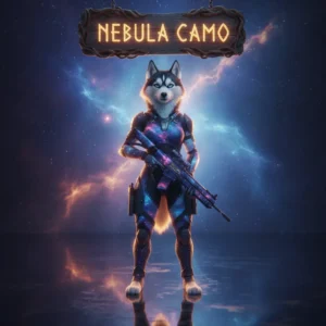 Fantasy artwork of an anthropomorphic husky, themed around Call of Duty Black Ops 6 Nebula Camo content. Represents weapon customization and cosmetic acquisition objectives.