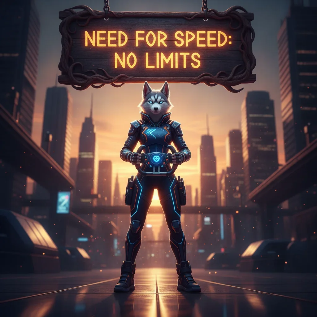 Fantasy artwork featuring an anthropomorphic husky character in an action pose, themed around high-speed racing and game objectives.