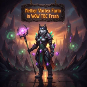 Fantasy artwork featuring an anthropomorphic husky character in a themed outfit, representing Nether Vortex farming content in WoW TBC Fresh.