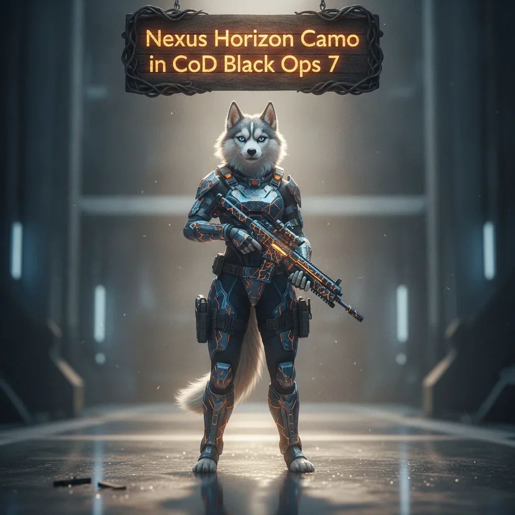 Fantasy artwork featuring an anthropomorphic Husky in futuristic tactical gear, set in a dynamic CoD Black Ops 7 inspired environment, representing Nexus Horizon Camo content.