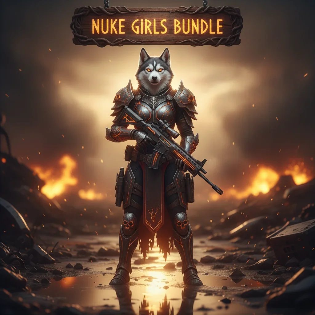 An anthropomorphic Husky character in fantasy armor, set in a game-inspired environment, representing special Nuke Girls Bundle content and related objectives.