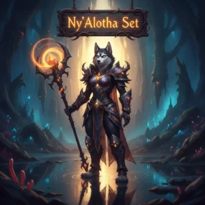 An anthropomorphic Husky warrior in intricate, void-themed armor, inspired by Ny'alotha raid set content and character enhancement objectives in WoW Midnight.