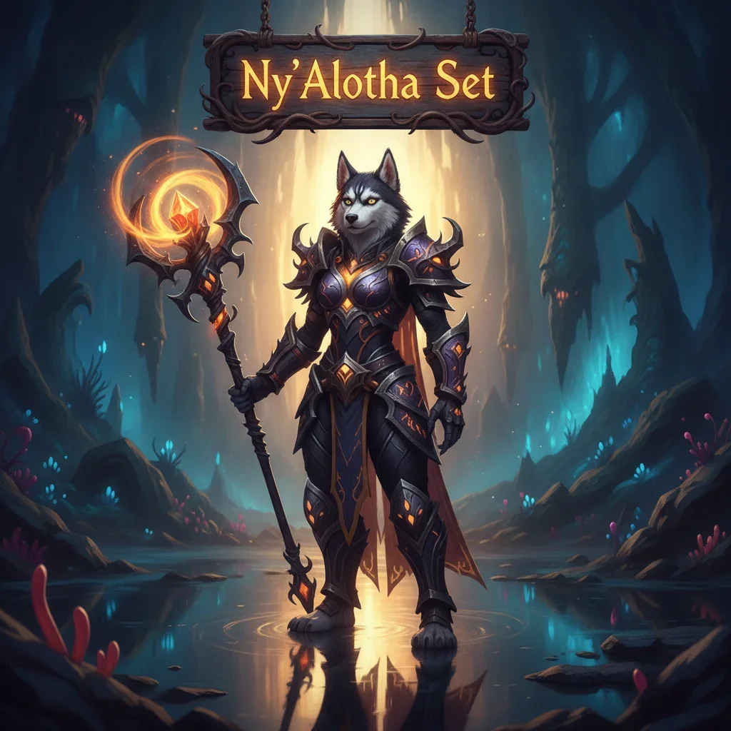 An anthropomorphic Husky warrior in intricate, void-themed armor, inspired by Ny'alotha raid set content and character enhancement objectives in WoW Midnight.