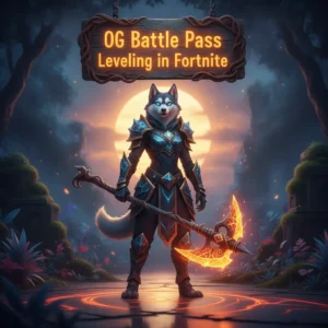 An anthropomorphic husky character in intricate fantasy armor stands in a mystical, game-inspired environment, representing OG Battle Pass leveling objectives and seasonal progression content.