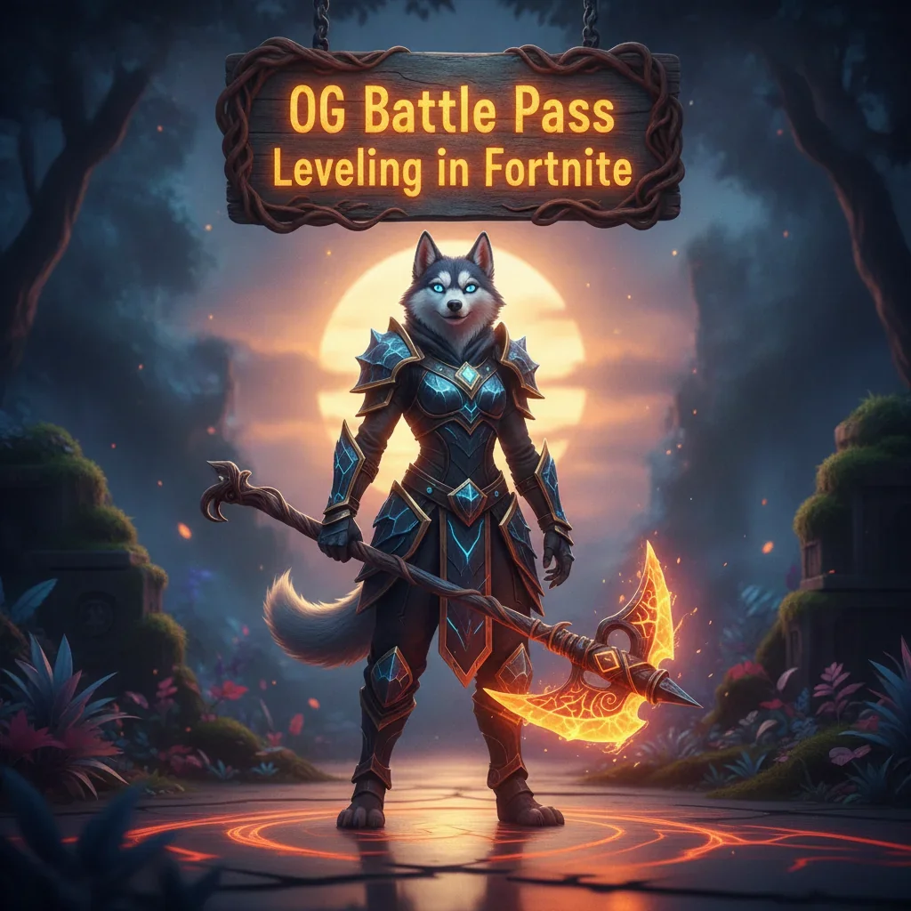 An anthropomorphic husky character in intricate fantasy armor stands in a mystical, game-inspired environment, representing OG Battle Pass leveling objectives and seasonal progression content.