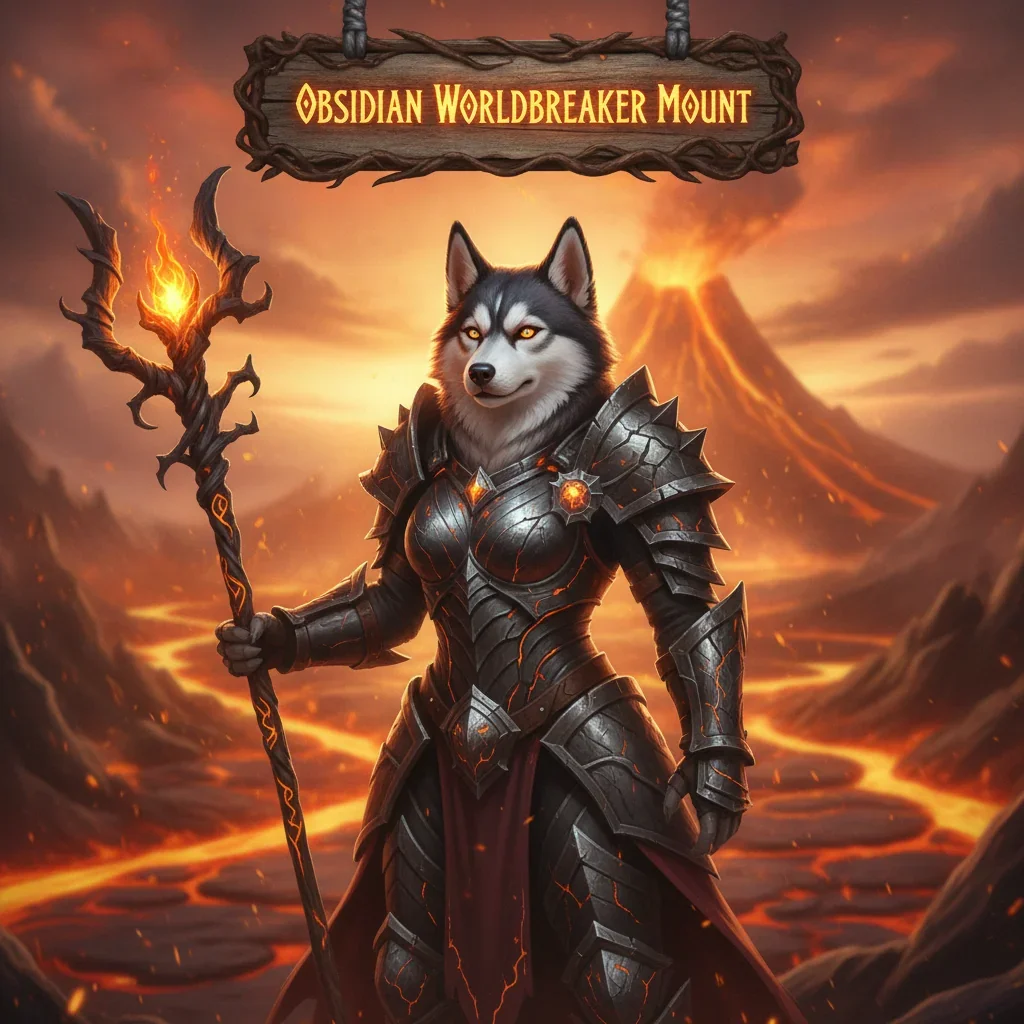 An anthropomorphic Husky character in fantasy armor amidst a dark, volcanic landscape, themed around the Obsidian Worldbreaker mount and WoW Midnight content.