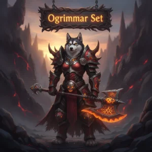 Fantasy artwork featuring an anthropomorphic husky character in detailed Ogrimmar-themed armor, representing gear acquisition content in the WoW Midnight game.