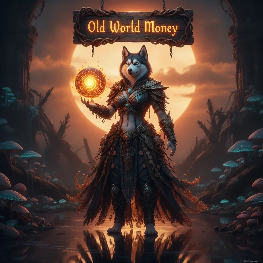 Anthropomorphic Husky in fantasy armor, set in an ancient, decaying world. Represents Old World currency acquisition objectives and 'The Beast' challenge content in a fantasy game.