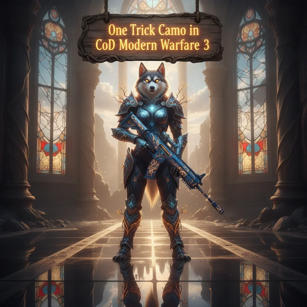 An anthropomorphic Husky character, clad in detailed fantasy armor, positioned within a mystical, game-inspired landscape. The artwork is themed around weapon camouflage progression content and customization objectives.