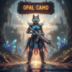 An anthropomorphic Husky character in fantasy armor, set within an ethereal environment. This artwork is themed around Opal Camo cosmetic content and weapon customization in a fantasy game.