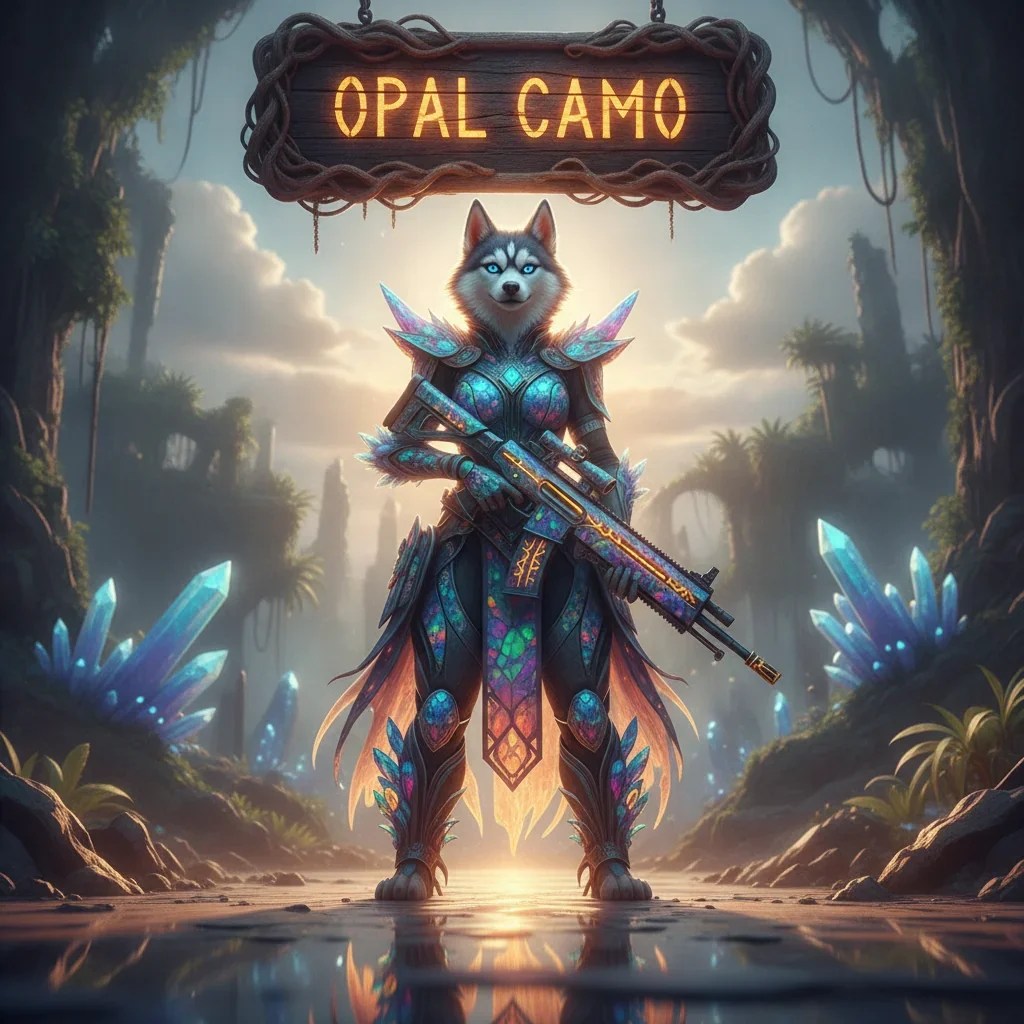 An anthropomorphic Husky character in fantasy armor, set within an ethereal environment. This artwork is themed around Opal Camo cosmetic content and weapon customization in a fantasy game.