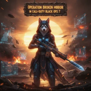 An anthropomorphic husky character in a themed outfit, representing content from Call of Duty Black Ops 7's 'Operation Broken Mirror'.