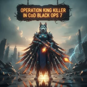 Anthropomorphic Husky character in tactical attire in game-inspired fantasy artwork, themed around 'Operation King Killer' objectives from CoD Black Ops 7.