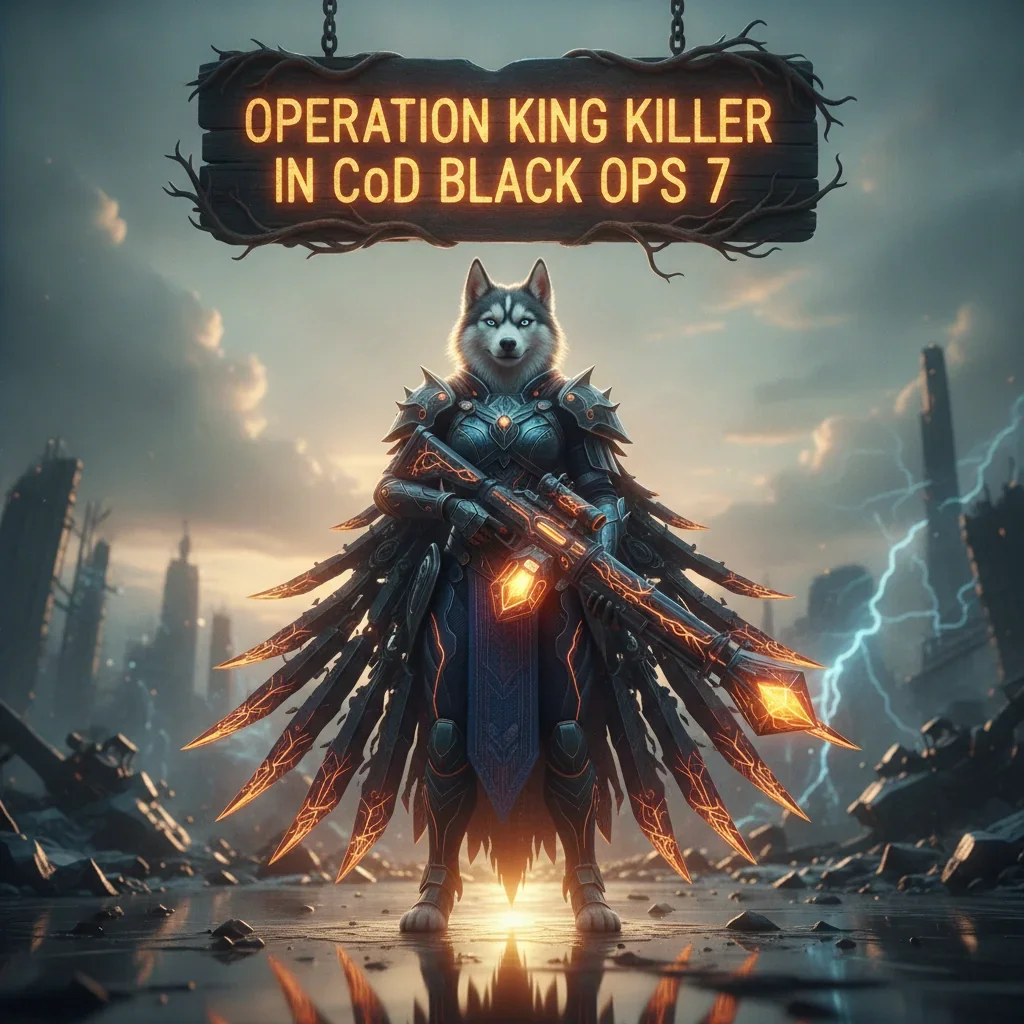 Anthropomorphic Husky character in tactical attire in game-inspired fantasy artwork, themed around 'Operation King Killer' objectives from CoD Black Ops 7.