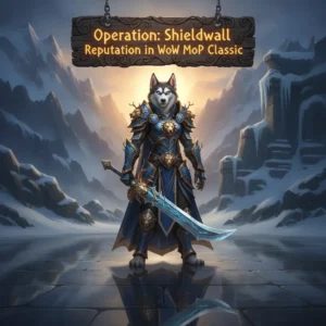 Artwork of an anthropomorphic Husky character, themed around Operation: Shieldwall reputation and related objectives in WoW Mists of Pandaria Classic.