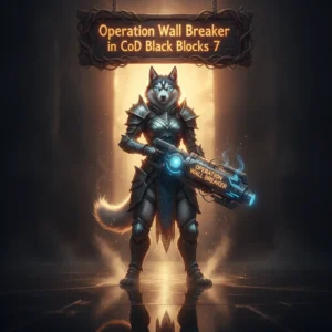 Fantasy artwork featuring an anthropomorphic husky warrior in ornate armor, themed around the challenging Operation Wall Breaker content and objectives in a game.