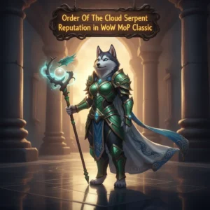 Artwork featuring an anthropomorphic husky character related to Order of the Cloud Serpent reputation gains in World of Warcraft.