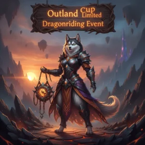 Anthropomorphic husky character in fantasy armor, set in a magical realm, representing the Outland Cup Limited Dragonriding Event content and objectives for WoW Midnight.