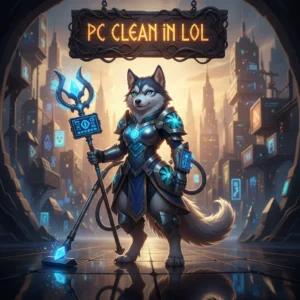 A fantasy game-inspired artwork featuring an anthropomorphic husky character in a themed outfit, representing PC cleanup in League of Legends.