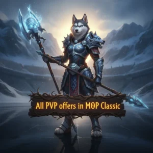 Fantasy artwork featuring an anthropomorphic Husky character, themed around PVP challenges in World of Warcraft Mists of Pandaria Classic.