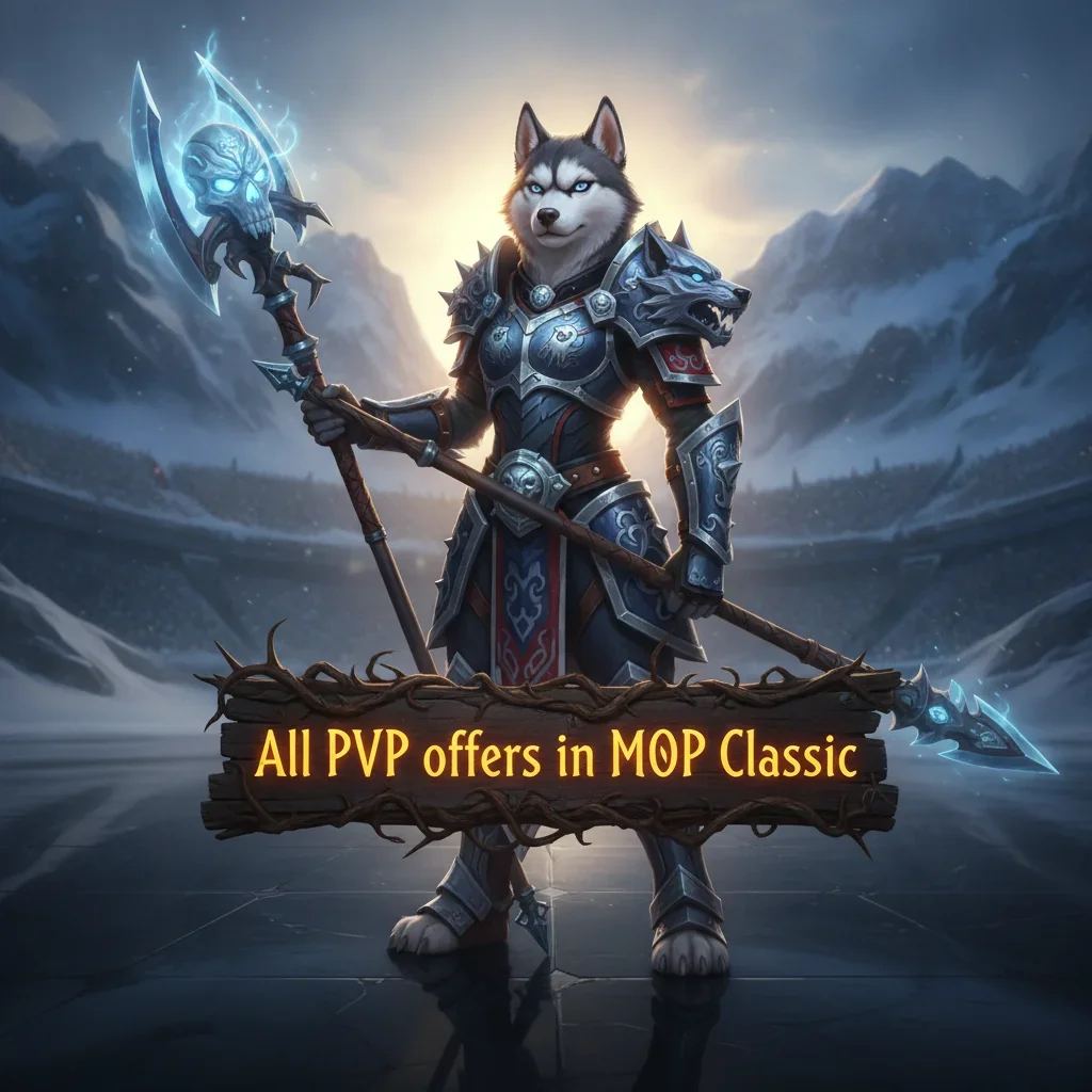 Fantasy artwork featuring an anthropomorphic Husky character, themed around PVP challenges in World of Warcraft Mists of Pandaria Classic.