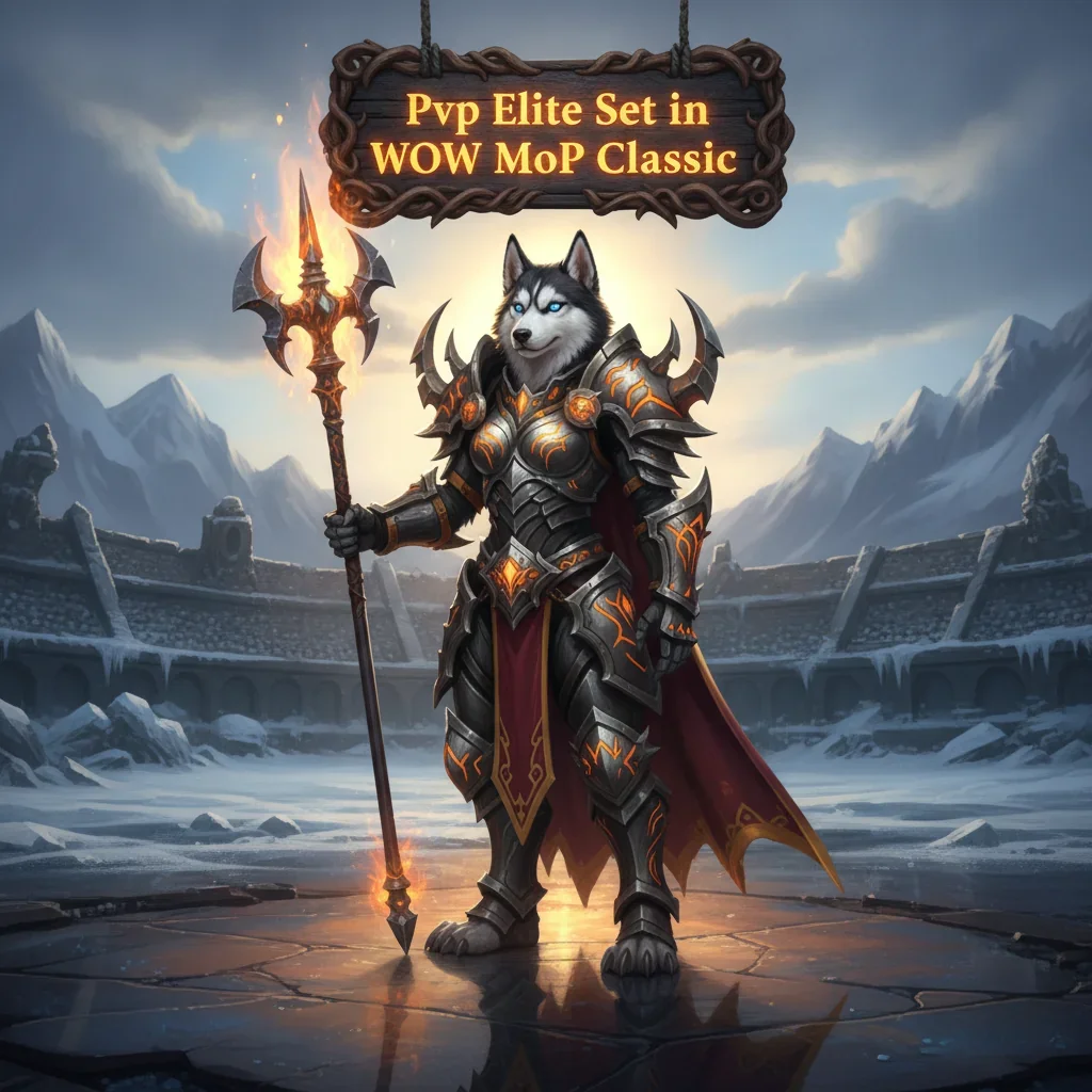 Anthropomorphic husky character in fantasy armor, representing the PVP Elite Set theme from World of Warcraft Mists of Pandaria Classic.