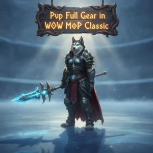Fantasy artwork featuring an anthropomorphic Husky character in armor, themed around player-versus-player gear acquisition in World of Warcraft Mists of Pandaria Classic.