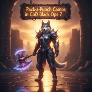 An anthropomorphic Husky character in fantasy armor, representing the Pack-a-Punch Camos Boost content for Call of Duty Black Ops 7, set in a game-inspired environment with glowing effects.