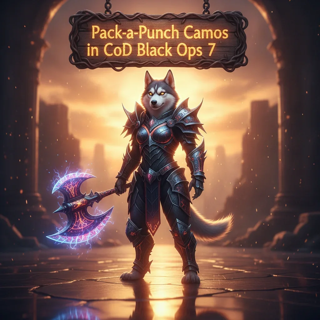 An anthropomorphic Husky character in fantasy armor, representing the Pack-a-Punch Camos Boost content for Call of Duty Black Ops 7, set in a game-inspired environment with glowing effects.