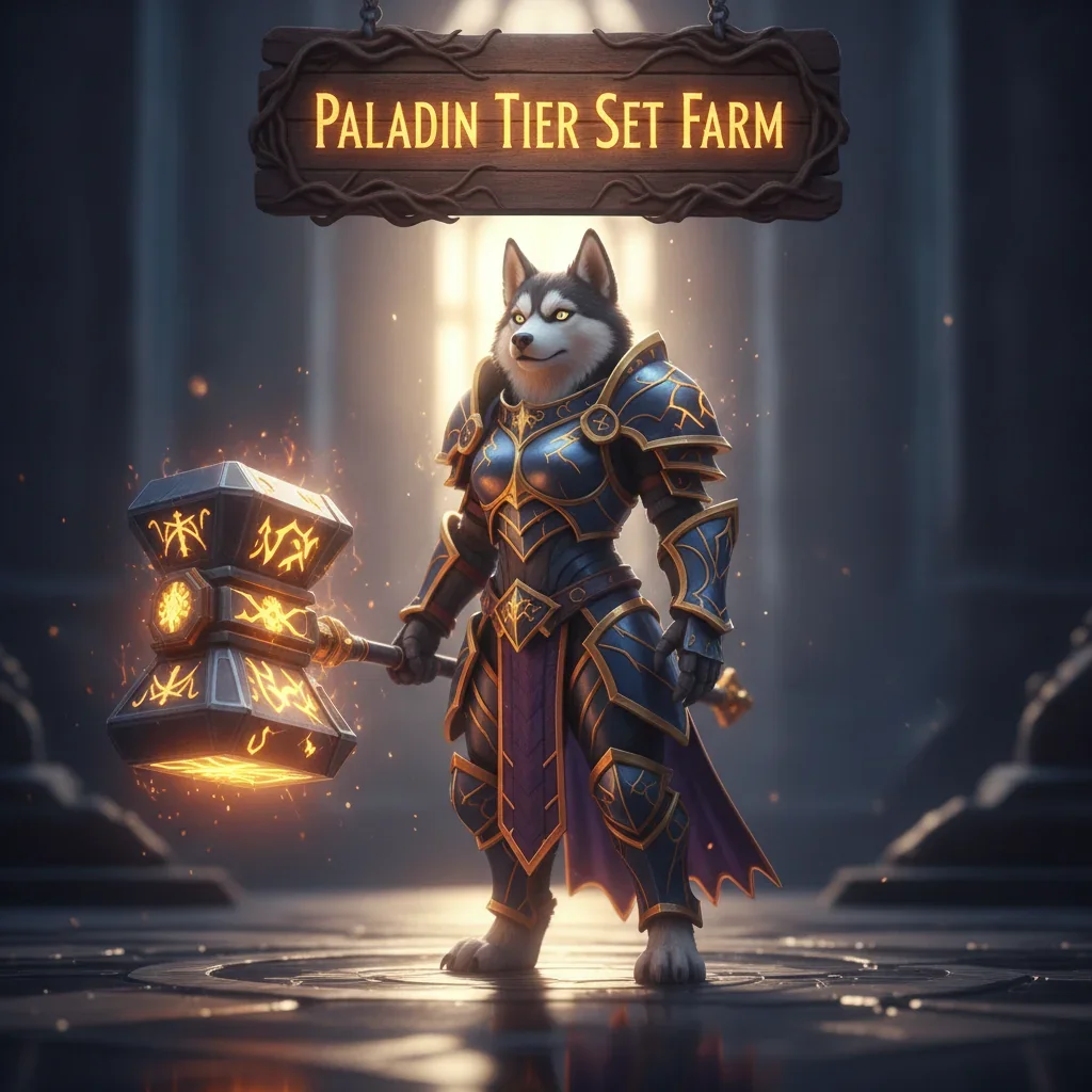 An anthropomorphic Husky character wearing Paladin-themed armor in a fantasy environment. Artwork inspired by Paladin Tier Set farming and related game content for WoW Midnight.