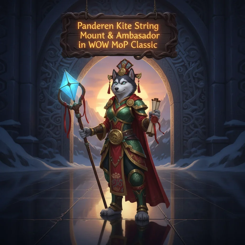 Fantasy game-inspired artwork featuring an anthropomorphic husky and Pandaren-themed content for World of Warcraft.