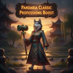Fantasy artwork featuring an anthropomorphic husky in a vibrant Pandarian landscape, representing profession skill development and crafting objectives for WoW MoP Classic.