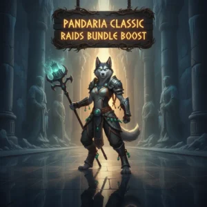 An anthropomorphic husky character in intricate fantasy armor stands in an ancient, mystical Mists of Pandaria-inspired raid environment, representing endgame content and challenge completion.