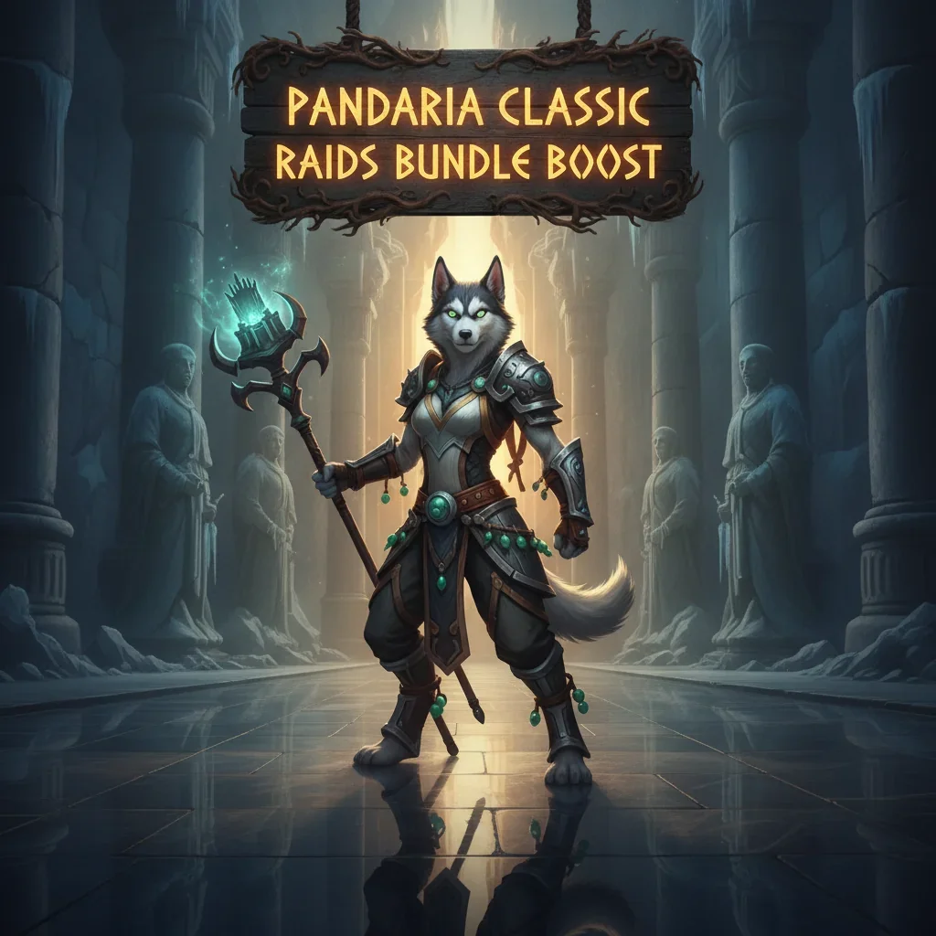 An anthropomorphic husky character in intricate fantasy armor stands in an ancient, mystical Mists of Pandaria-inspired raid environment, representing endgame content and challenge completion.