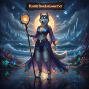 Anthropomorphic Husky in fantasy Paradise Beach loungewear set, within a WoW-inspired midnight setting. Artwork represents cosmetic item acquisition.
