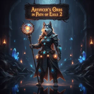 Fantasy artwork of an anthropomorphic Husky character, themed around Path of Exile 2 Artificer's Orbs.