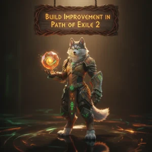 Fantasy artwork of an anthropomorphic husky character in an ancient ruin, inspired by Path of Exile 2 build improvements.