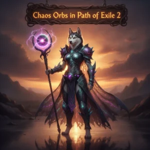 Fantasy artwork featuring an anthropomorphic Husky character, themed around Path of Exile 2 Chaos Orbs.
