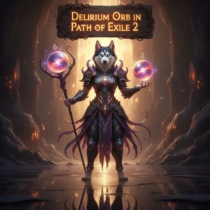 Artwork featuring an anthropomorphic Husky character, wearing fantasy attire, amidst a game-inspired environment, representing Path of Exile 2 Delirium Orb content.