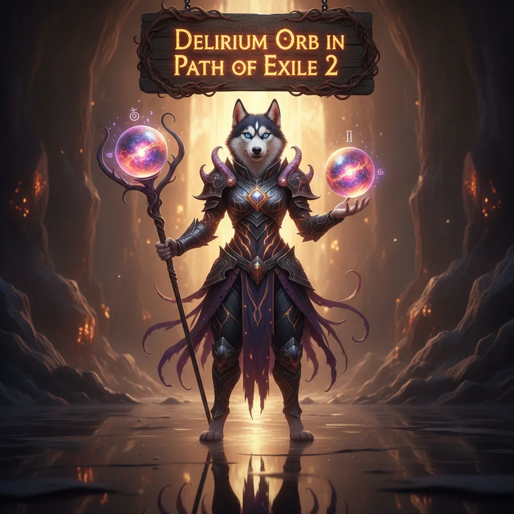 Artwork featuring an anthropomorphic Husky character, wearing fantasy attire, amidst a game-inspired environment, representing Path of Exile 2 Delirium Orb content.