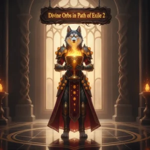 Fantasy artwork of an anthropomorphic husky in a dynamic pose, themed around Path of Exile 2 Divine Orbs acquisition and game content.