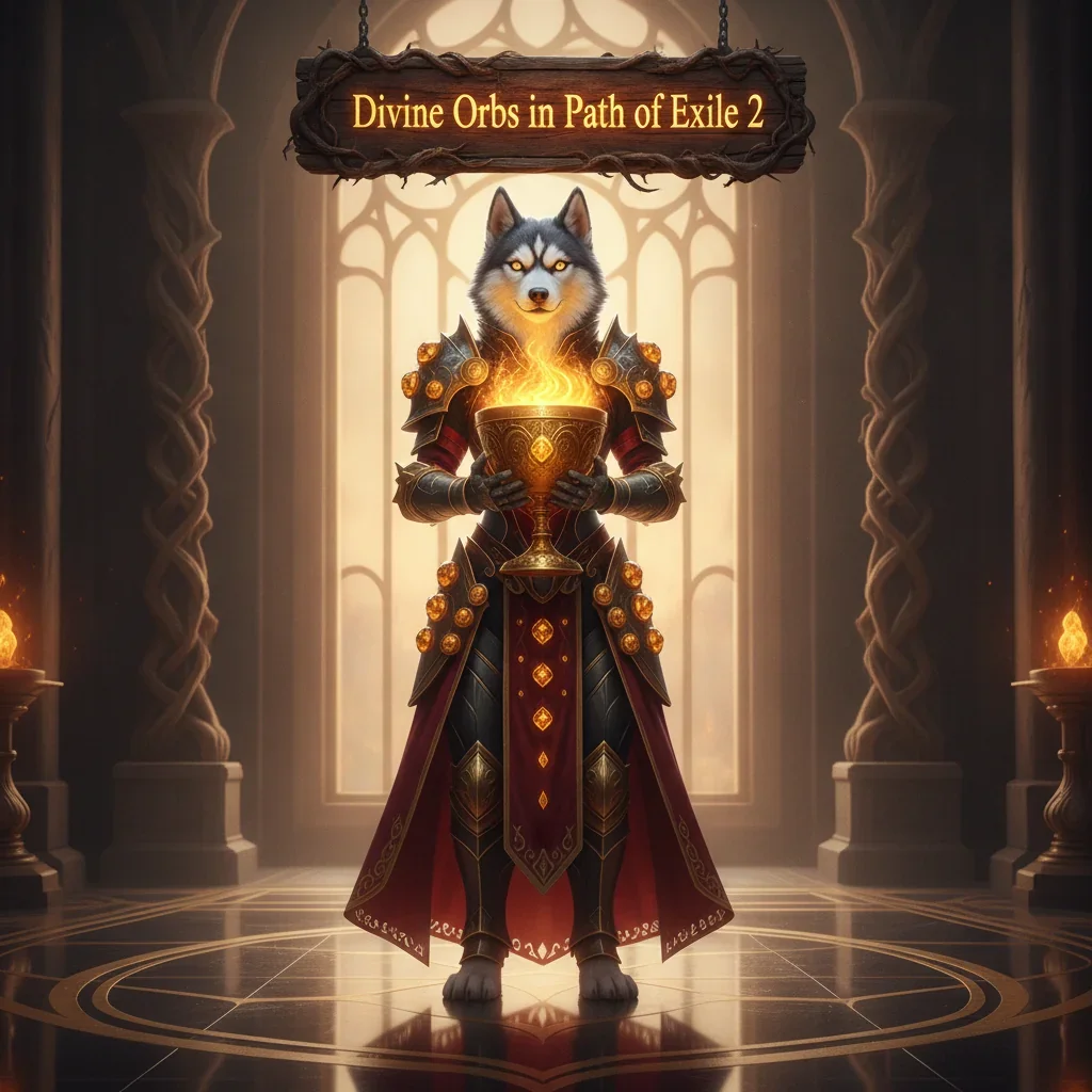 Fantasy artwork of an anthropomorphic husky in a dynamic pose, themed around Path of Exile 2 Divine Orbs acquisition and game content.