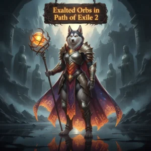 Fantasy artwork of an anthropomorphic Husky character in a dark, mysterious setting, themed around Path of Exile 2 currency.