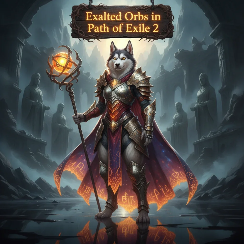 Fantasy artwork of an anthropomorphic Husky character in a dark, mysterious setting, themed around Path of Exile 2 currency.