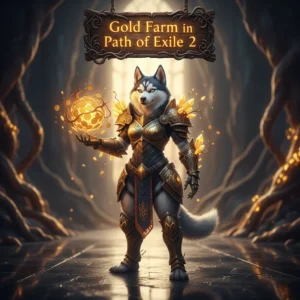 Fantasy game promotional artwork featuring an anthropomorphic Husky character, themed around Path of Exile 2 Gold Boost.