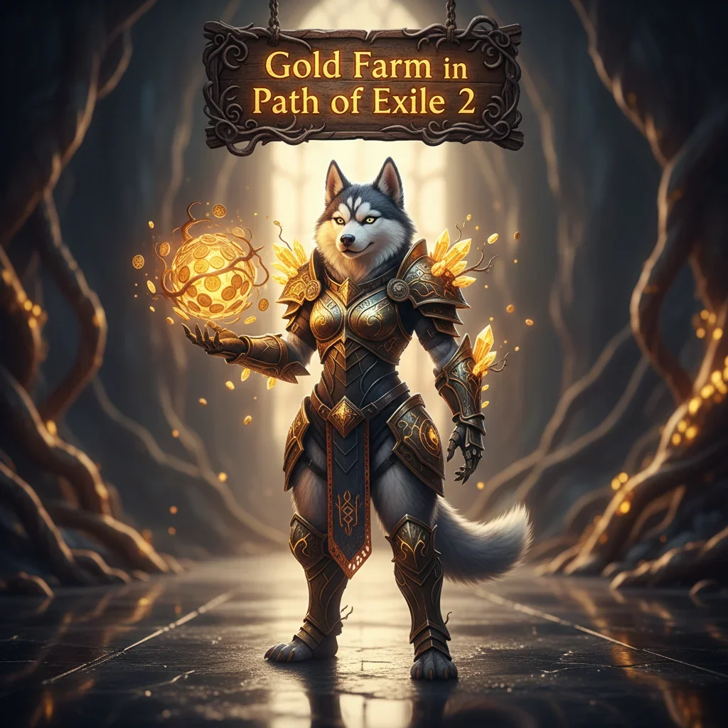 Fantasy game promotional artwork featuring an anthropomorphic Husky character, themed around Path of Exile 2 Gold Boost.