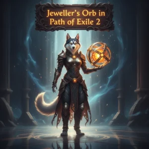 Fantasy artwork of an anthropomorphic Husky character, themed around Path of Exile 2 Jeweller's Orb objectives and content.