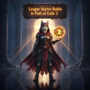 An anthropomorphic Husky character, dressed in fantasy armor, standing amidst a game-inspired landscape, representing Path of Exile 2 content.