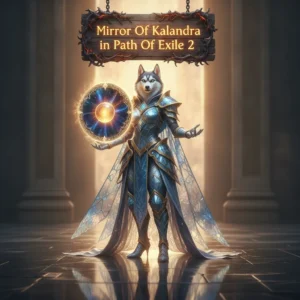 A fantasy game-inspired image featuring an anthropomorphic Husky in an ancient temple setting, themed around Path of Exile 2 content.