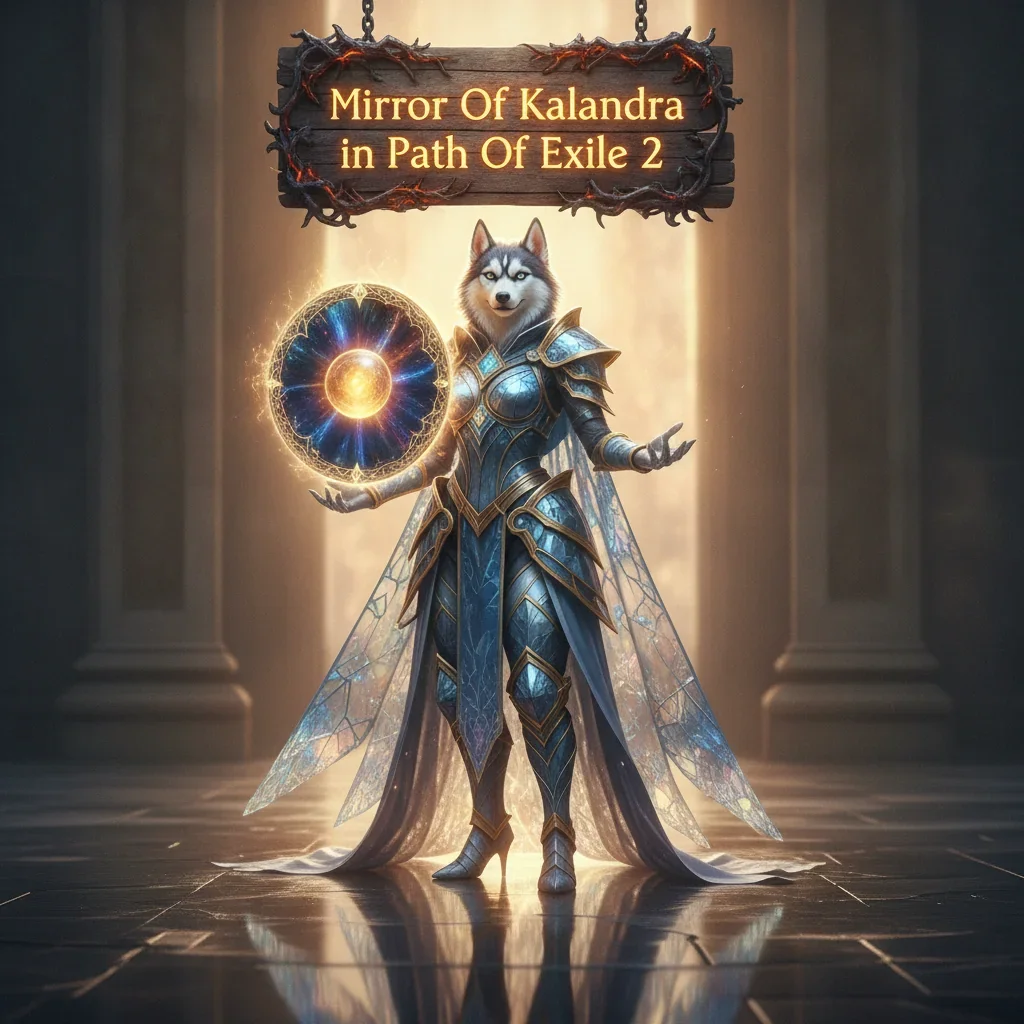 A fantasy game-inspired image featuring an anthropomorphic Husky in an ancient temple setting, themed around Path of Exile 2 content.